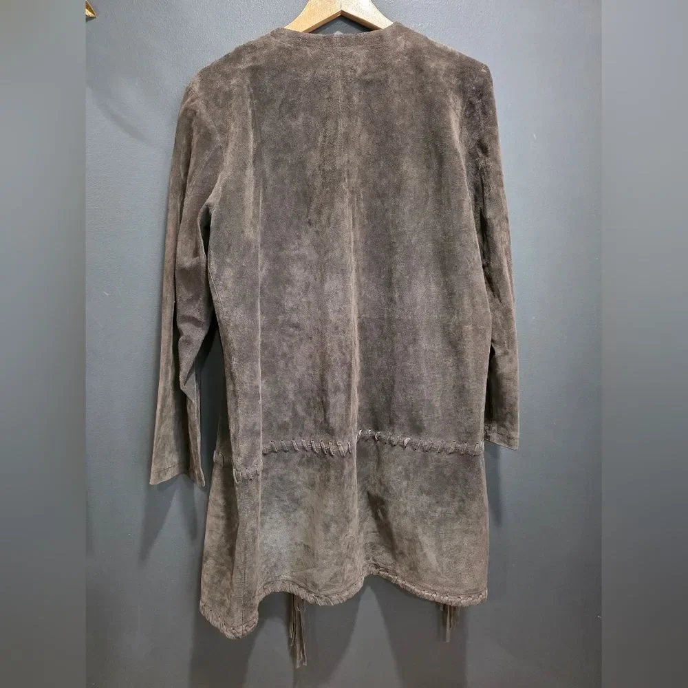 CHICOS DESIGN SUEDE Leather FRINGE Brown Single Hook Closure Jacket SIZE 1 US M - Picture 7 of 13